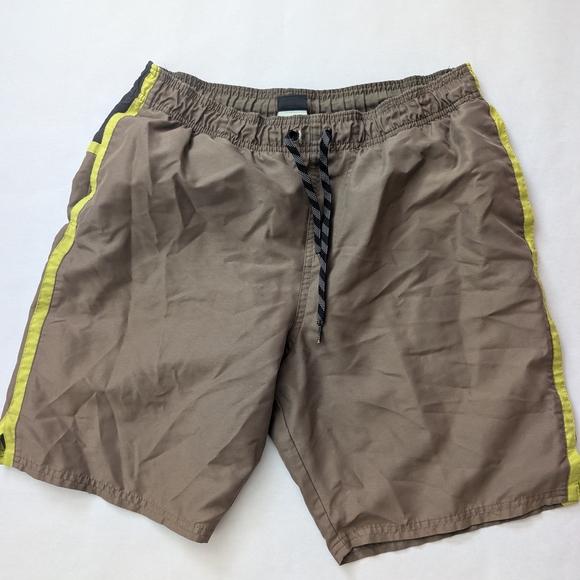 Men's Brown Swim Shorts with Yellow Accents - Picture 1 of 5